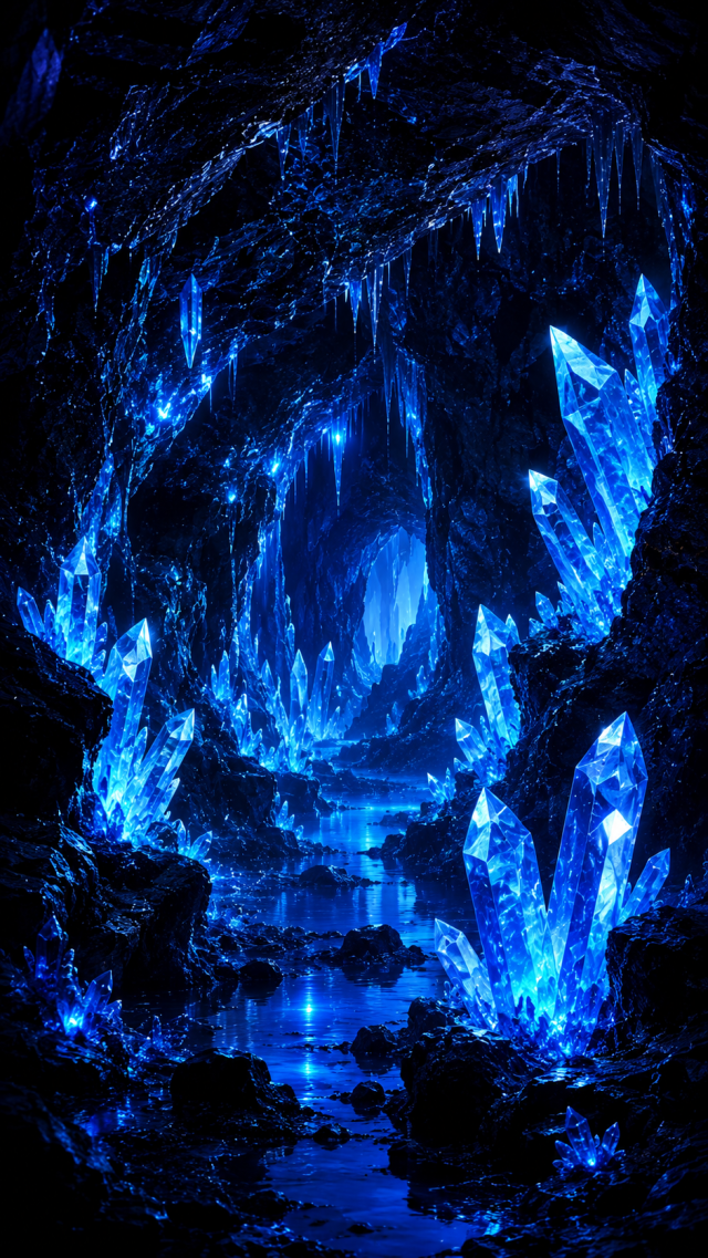 Blue Crystal Cavern with Luminous Shards