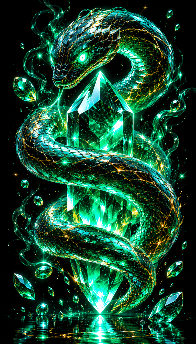 Green Snake Around a Crystal