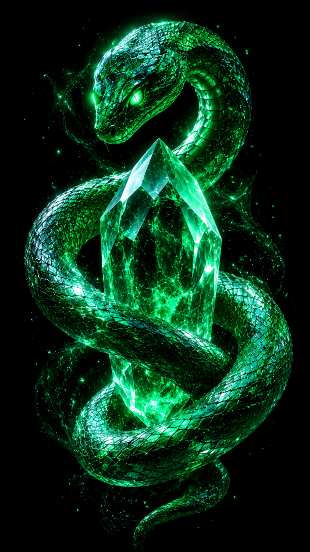 Emerald Snake Guarding a Crystal