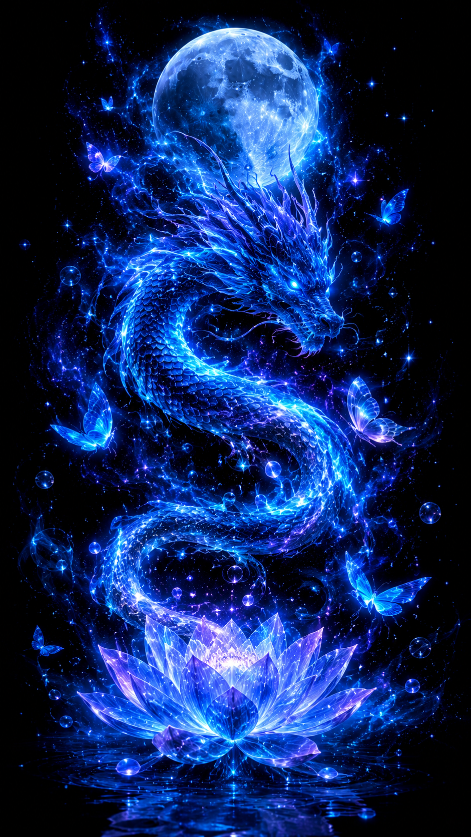 Dragon, Lotus and Moon Fantasy Scene