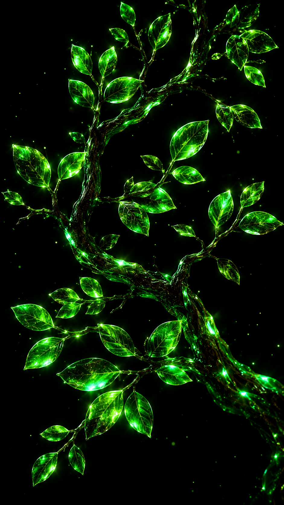 Green Crystal Leaves on Black