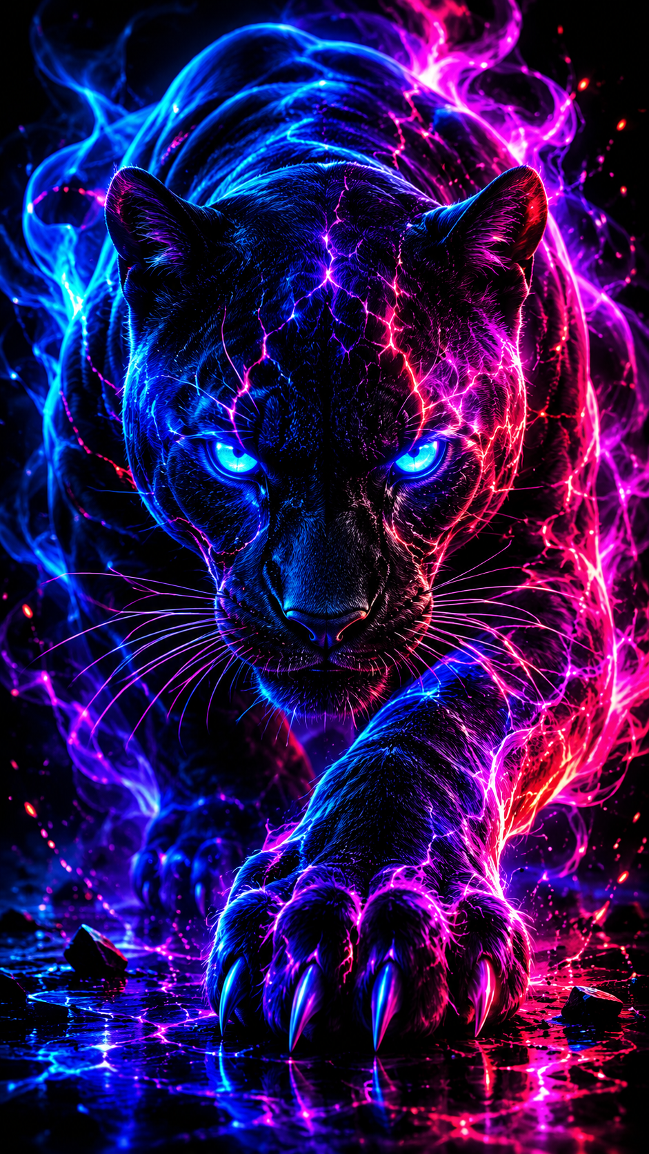 Neon Panther Face in Blue and Pink