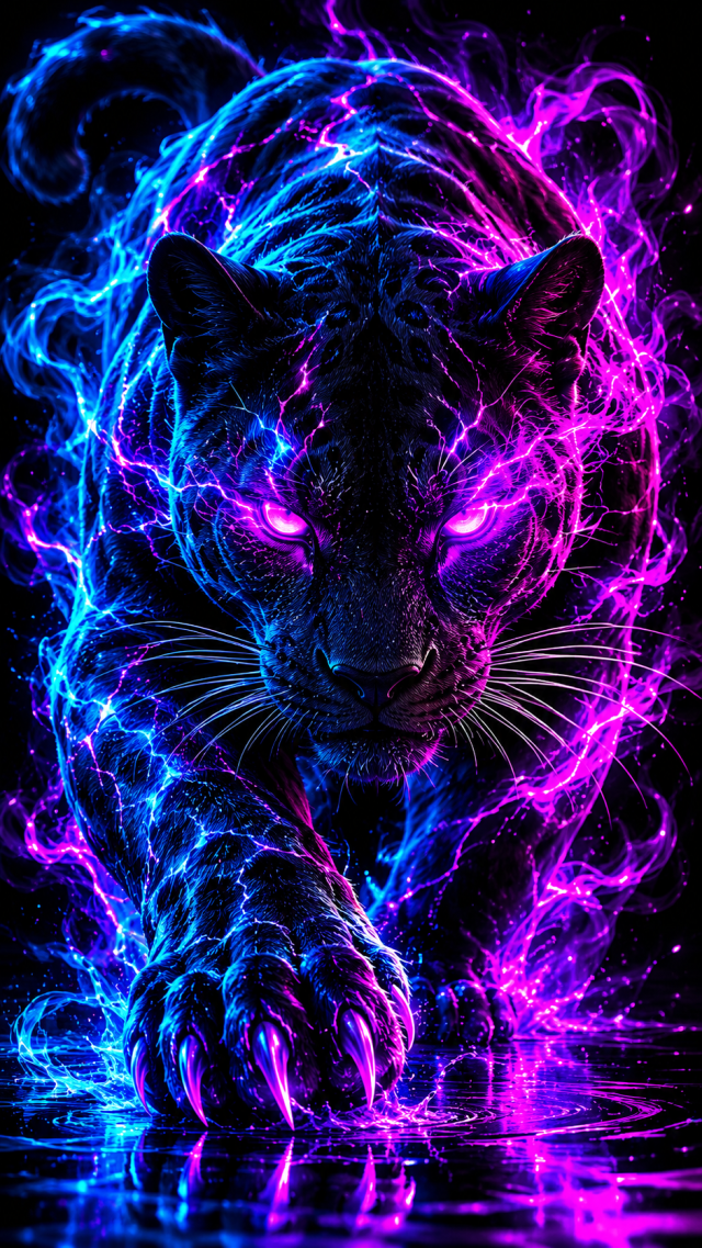 Neon Panther Portrait on Black
