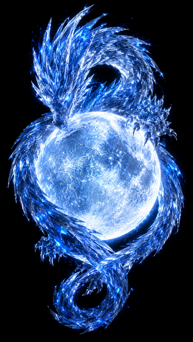 Moon Dragon Coiled Around a Crescent