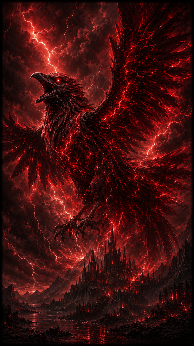 Red Raven Wings over A Gothic City