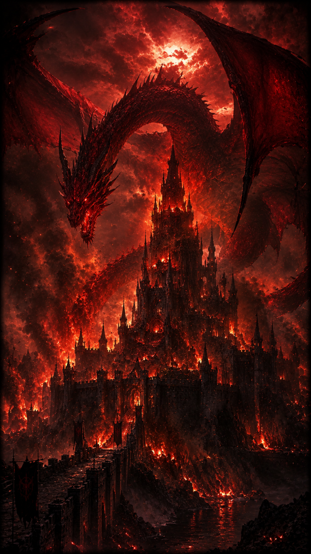 Red Dragon above Burning Castle