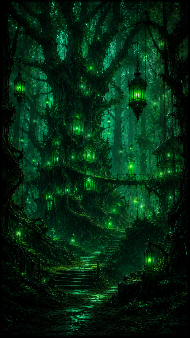 Green Glowing Forest Lantern Path