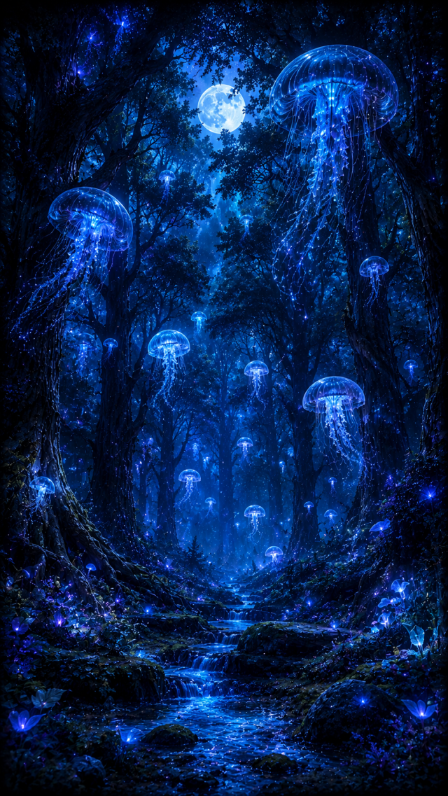 Blue Mushroom Forest under the Moon