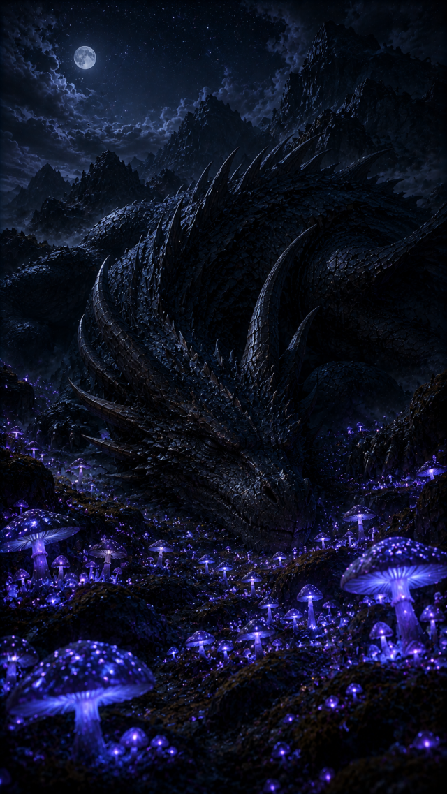 Moonlit Dragon in Violet Mushrooms