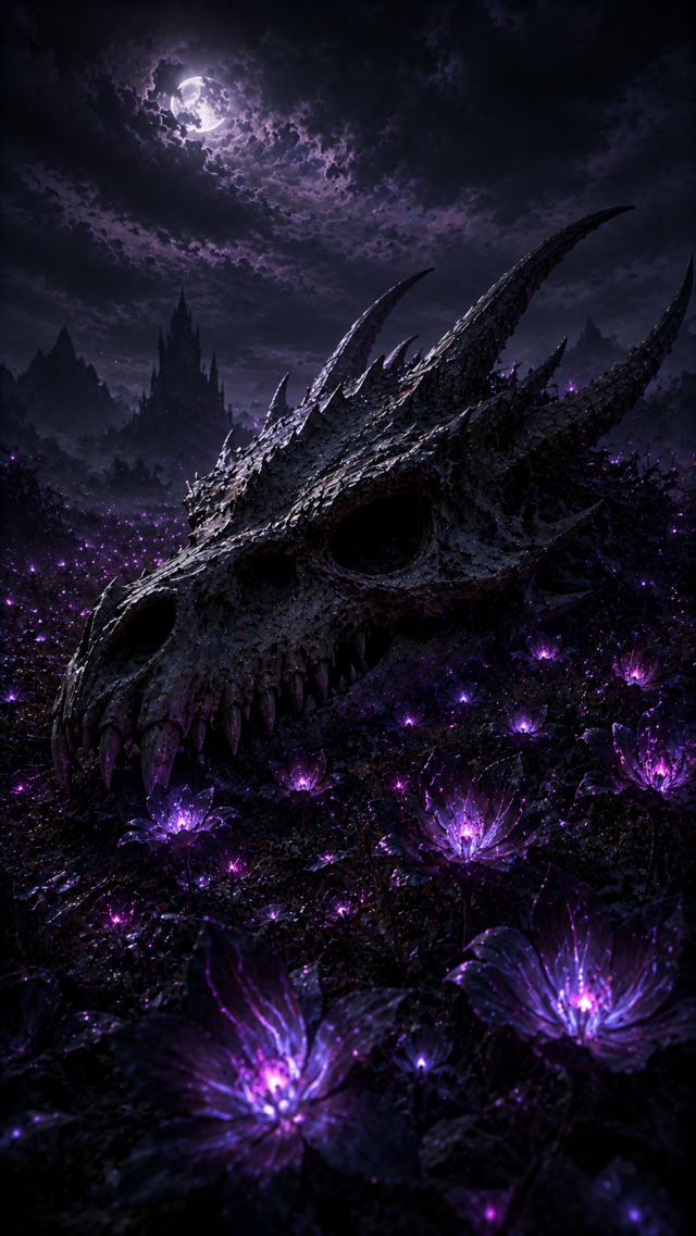 Moonlit Black Dragon over Violet Flowers