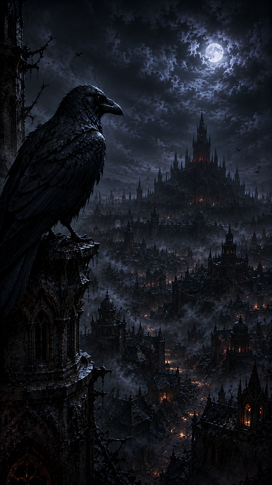 Raven over Moonlit Gothic Town