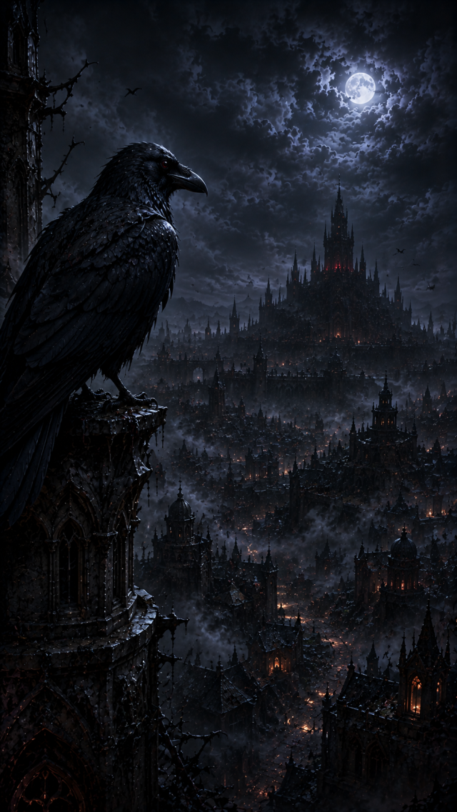 Raven over Moonlit Gothic Town