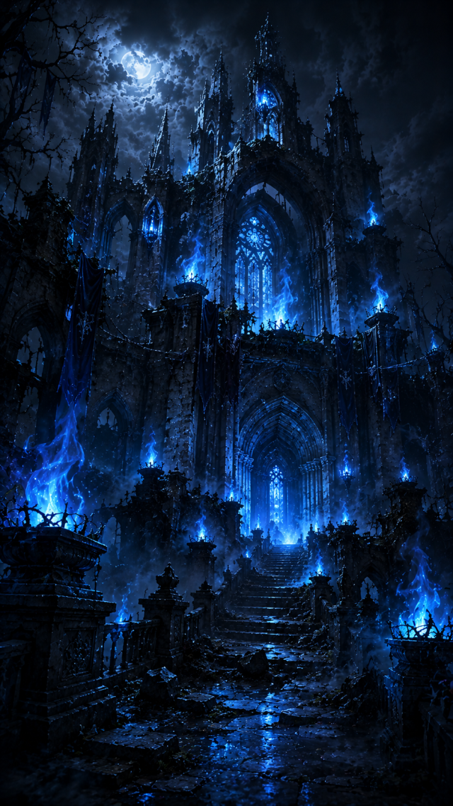 Blue Haunted Abbey in the Forest