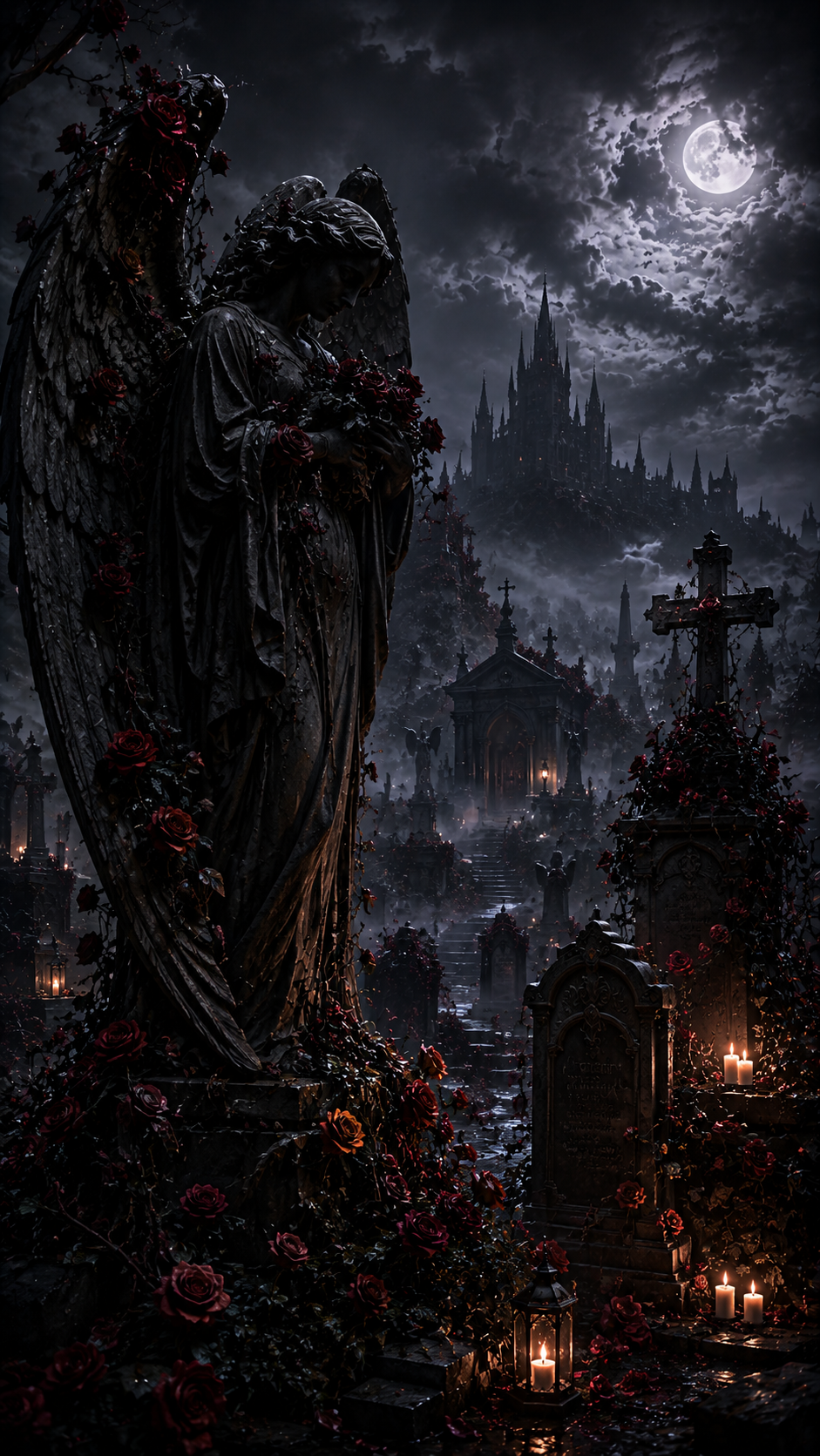 Angel Statue in A Candlelit Graveyard
