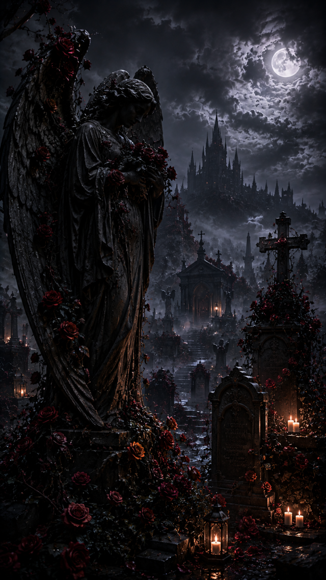Angel Statue in A Candlelit Graveyard