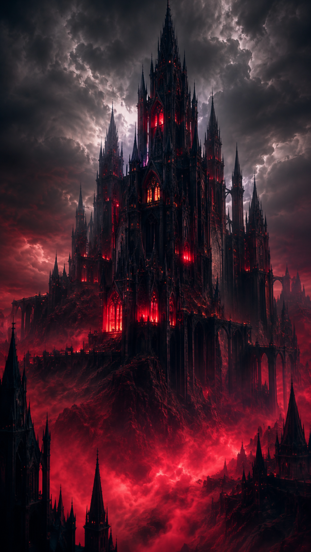 Red Black Castle under Storm Clouds