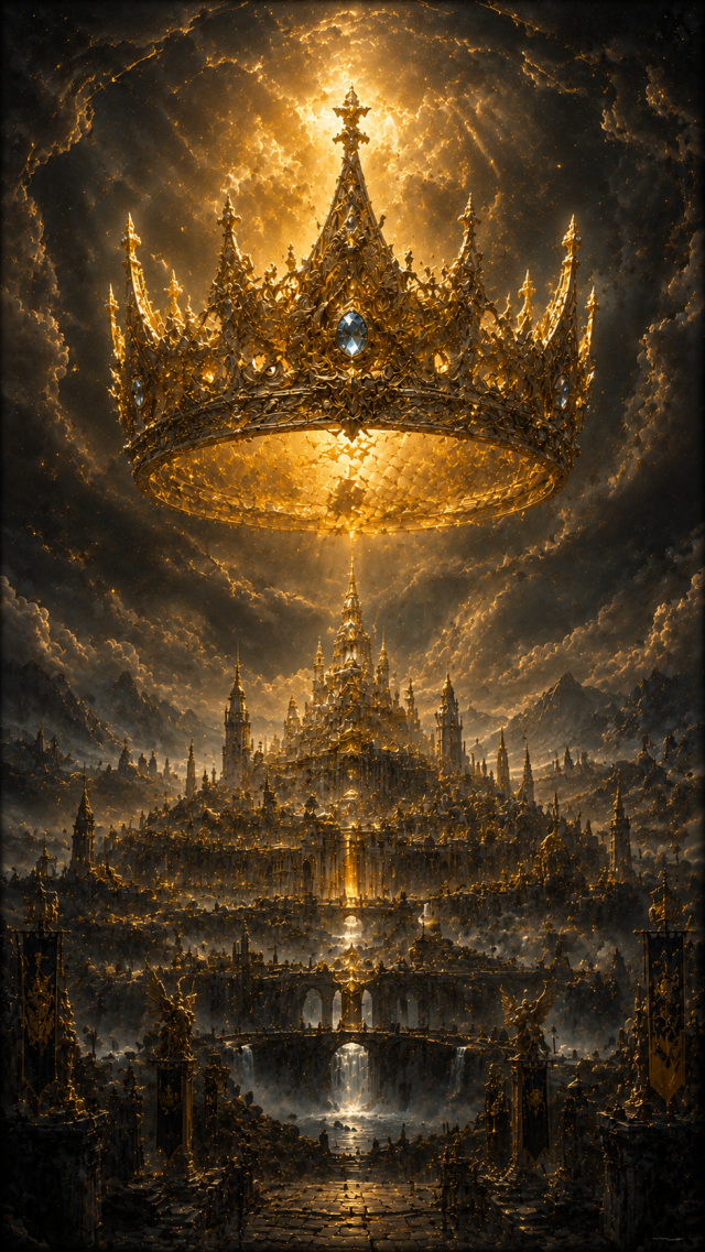 Floating Golden Crown over Dark City