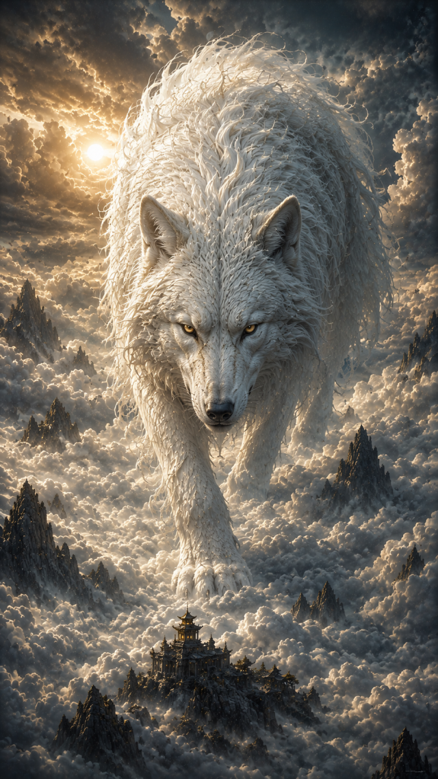 White Wolf Emerging from Snowy Clouds