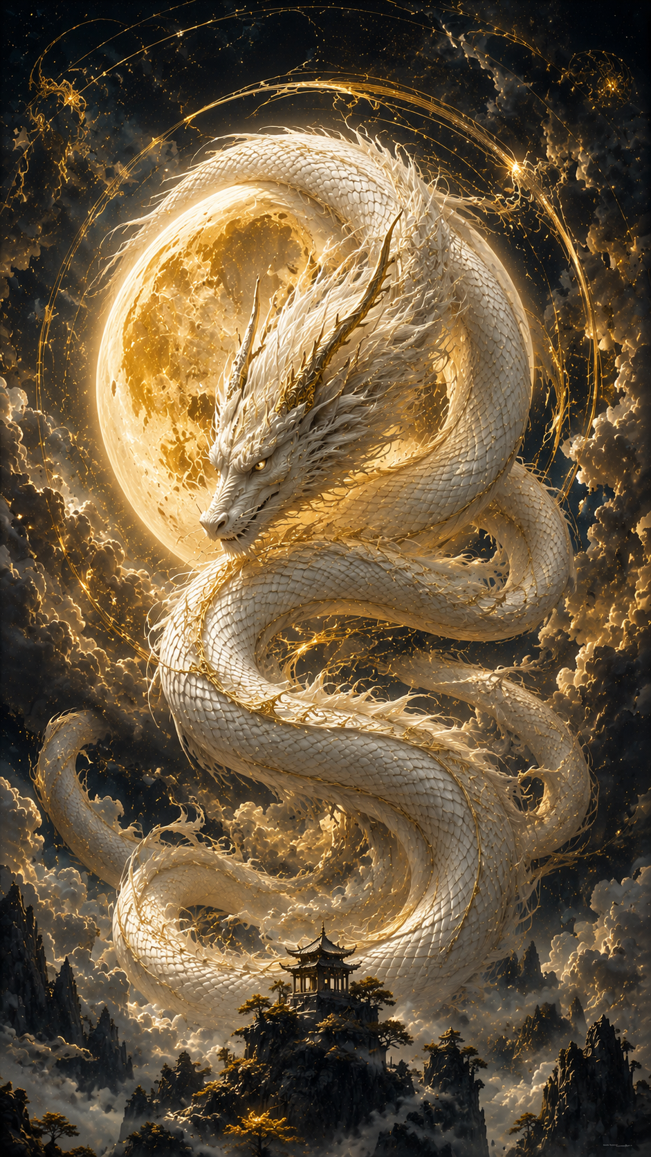 White Moon Dragon in Golden Clouds