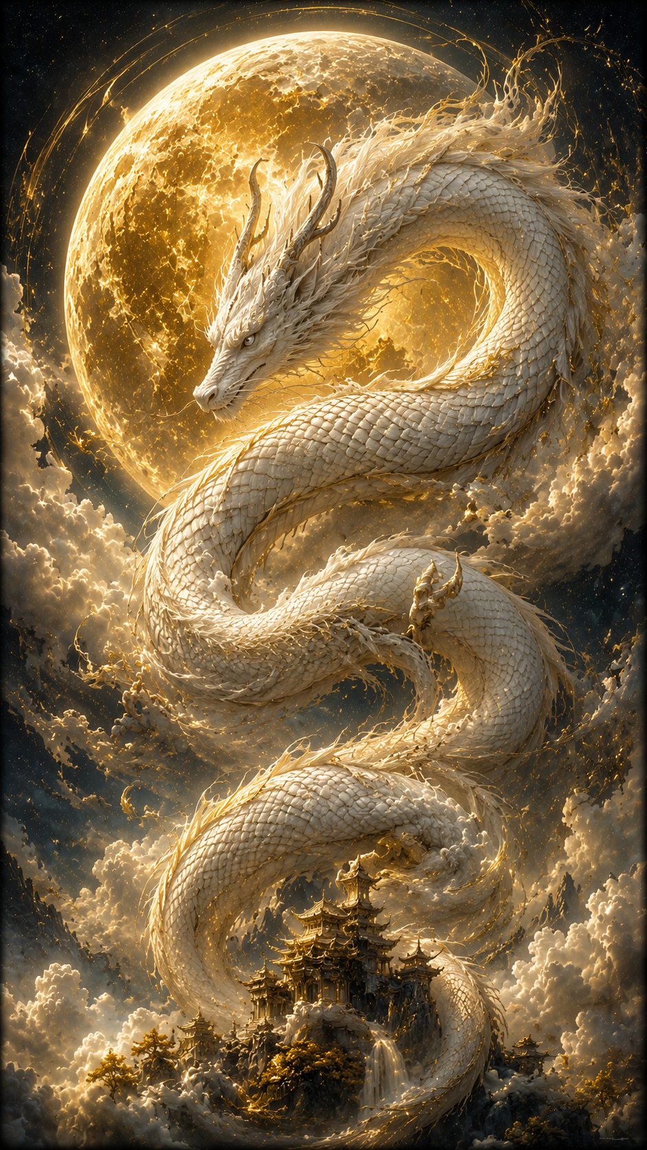 White Dragon Coiled Around Golden Moon