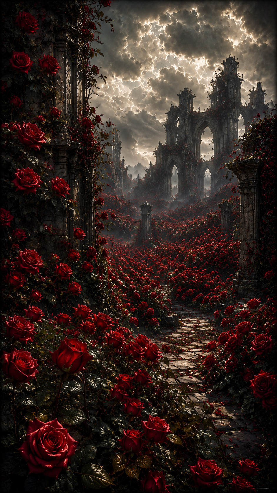 Red Rose Path through Ruined Garden