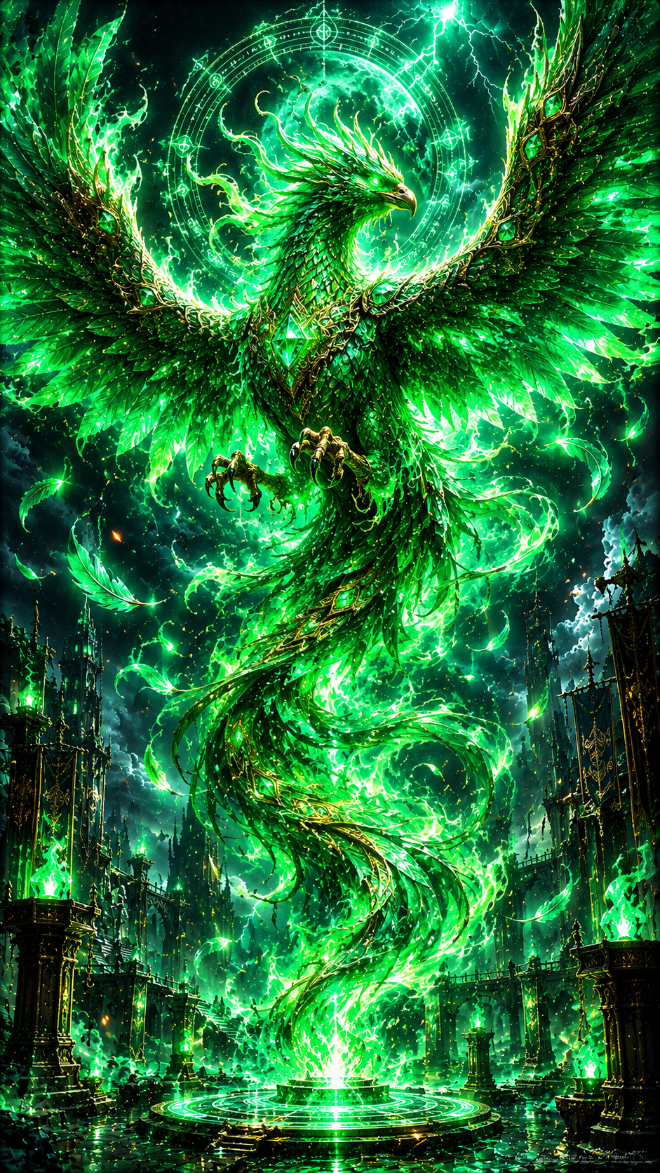 Green Magical Phoenix above Castle