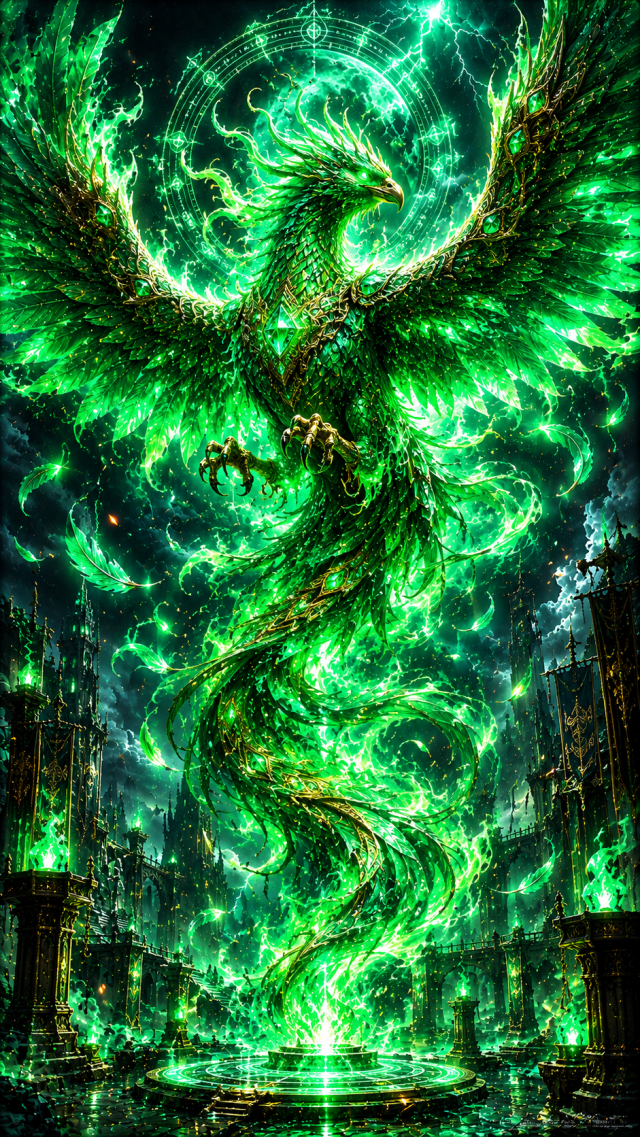 Green Magical Phoenix above Castle