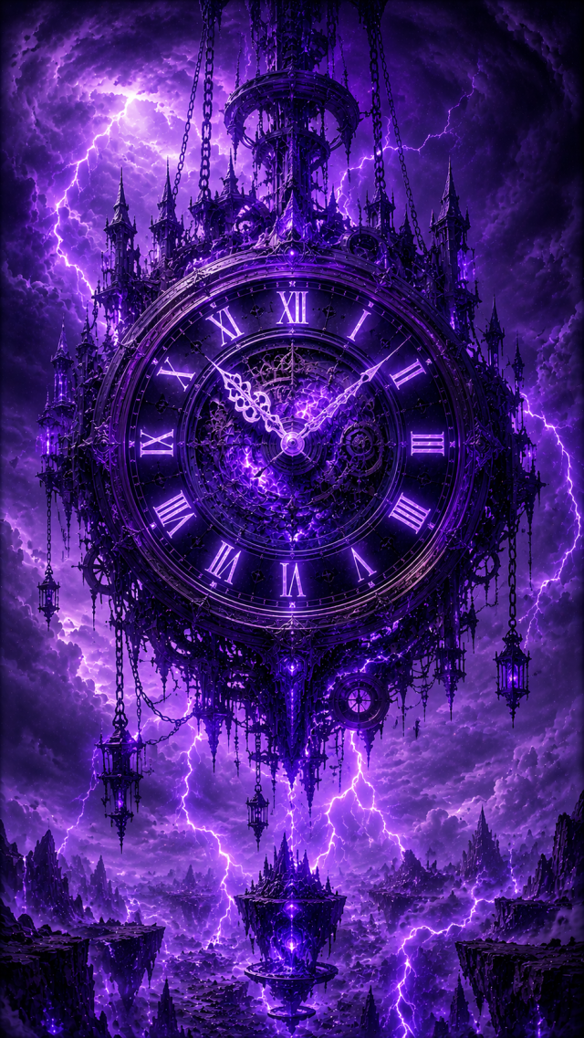 Purple Clock Face in Storm Clouds