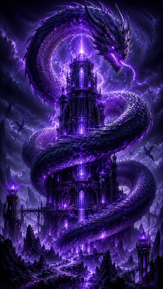 Purple Dragon Wrapped Around A Tower