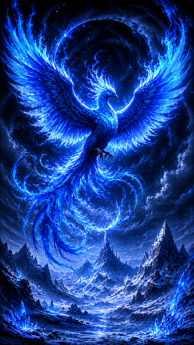 Blue Phoenix over Stormy Ocean