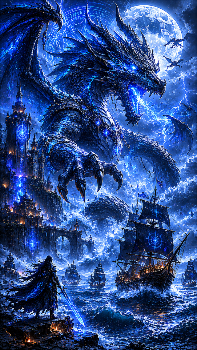 Blue Dragon above Stormy Ships