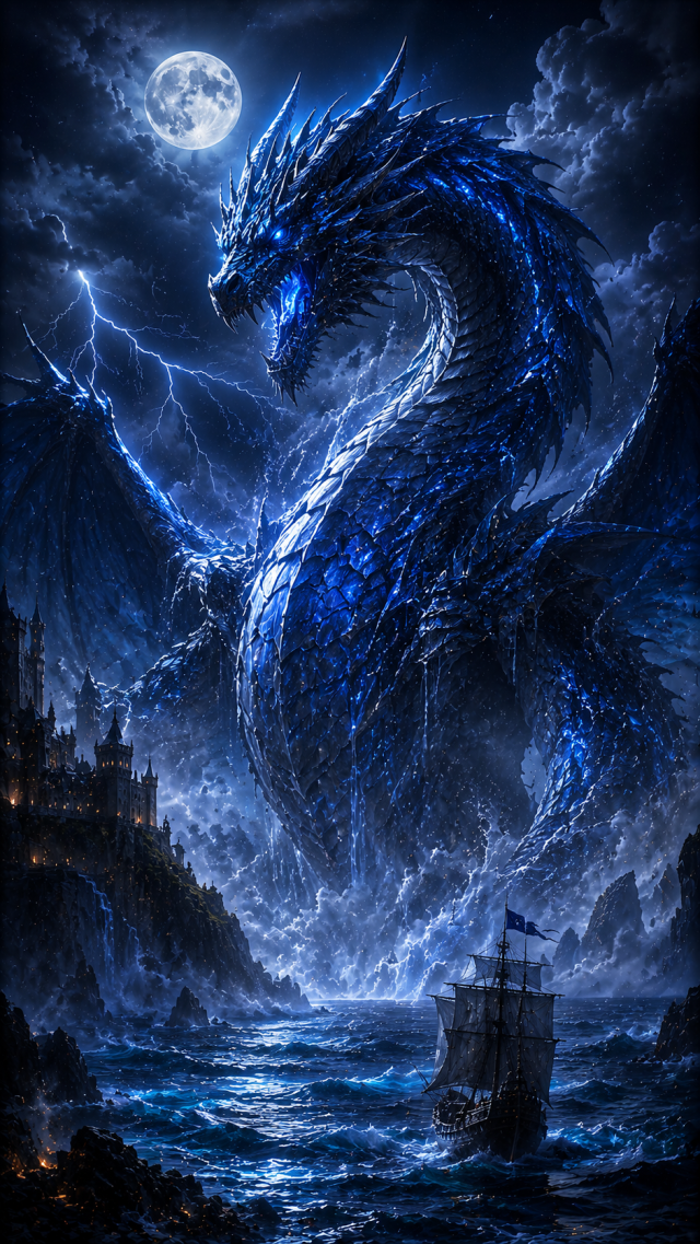 Blue Sea Dragon Beneath Full Moon
