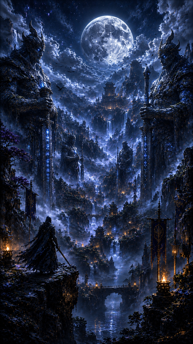 Moonlit Mountain Valley with Waterfalls