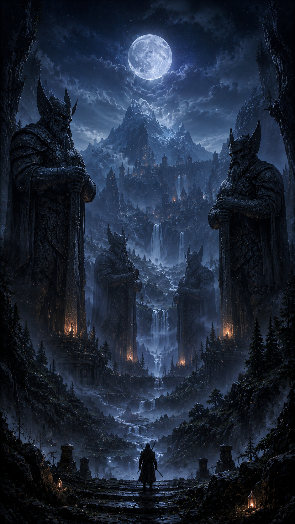 Dark Gateway Watched by Stone Statues