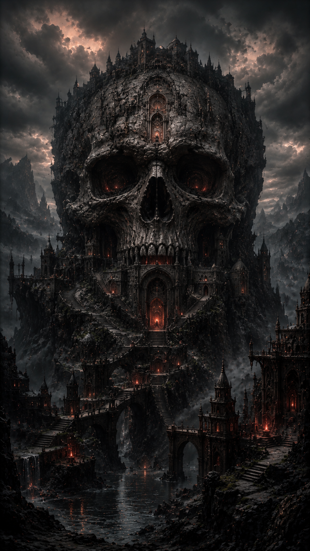 Giant Skull Fortress in Storm Clouds