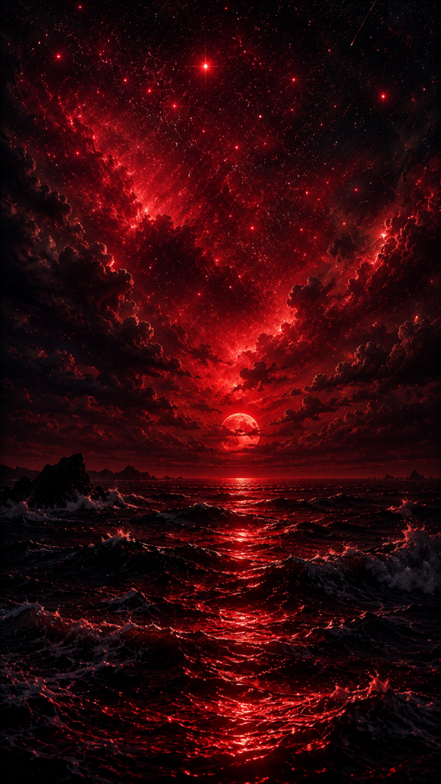 Red Starlit Ocean under Eclipse