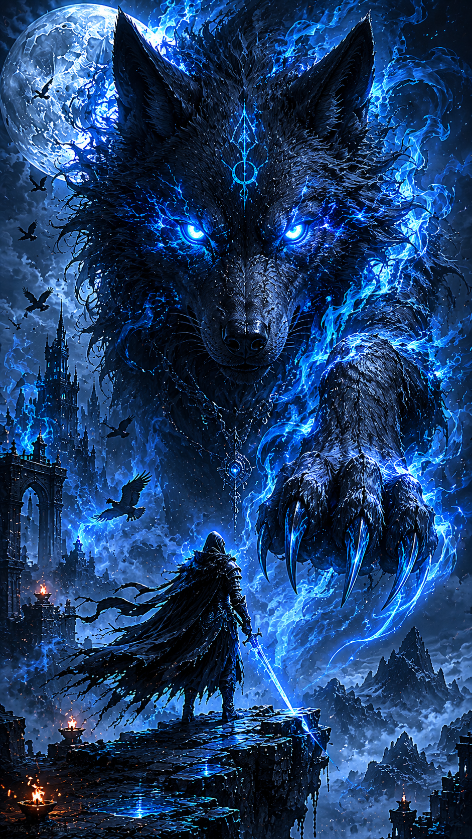 Blue Wolf Spirit over Moonlit Warrior