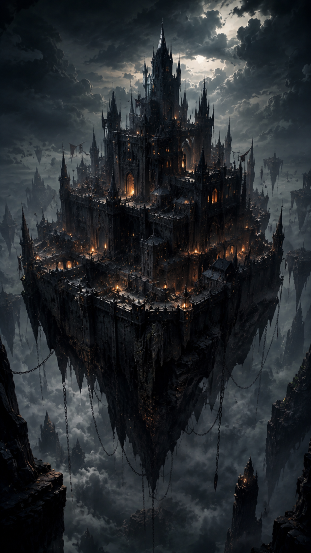 Floating Black Castle in Storm Clouds