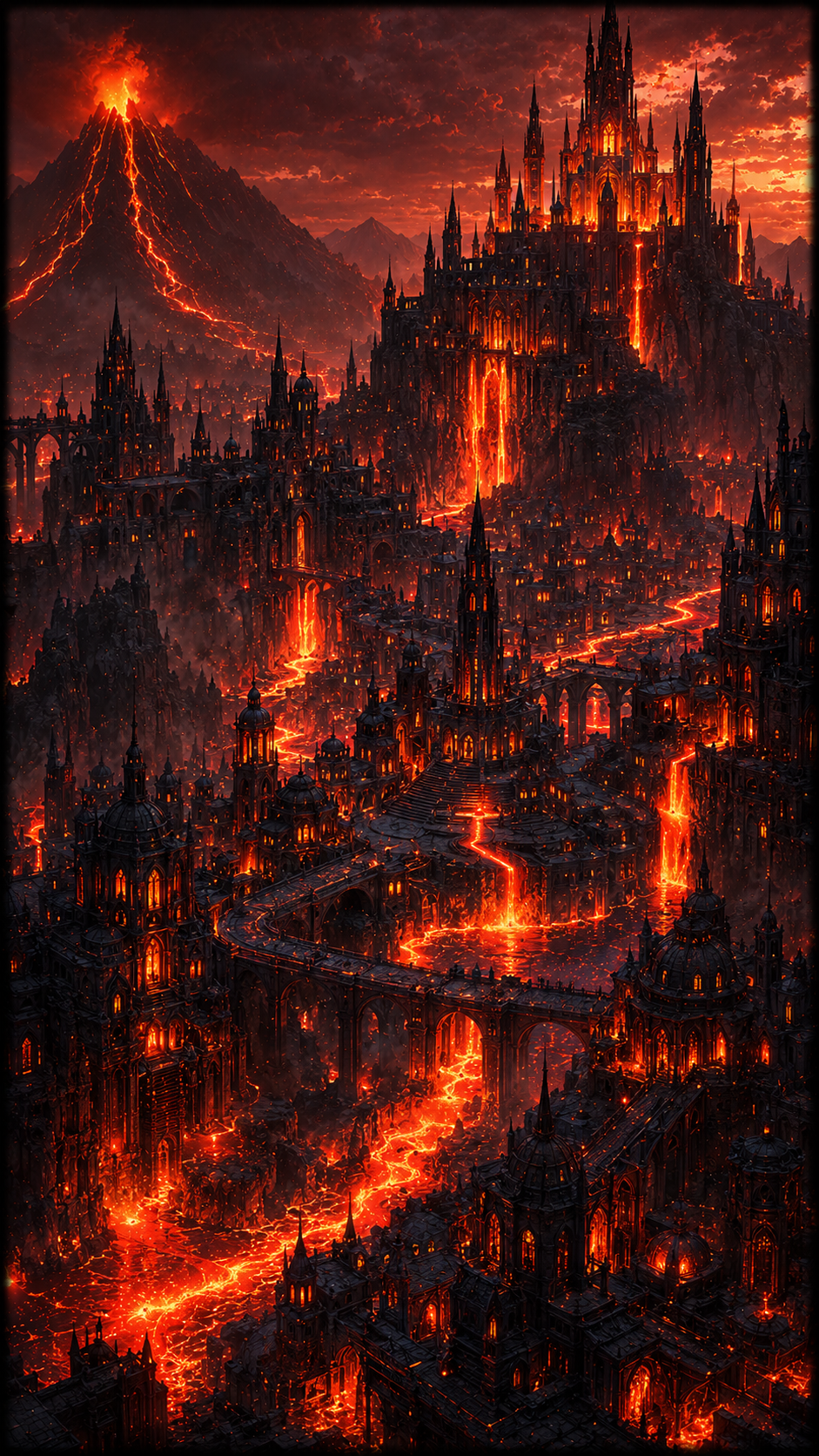 Lava City under Erupting Volcano