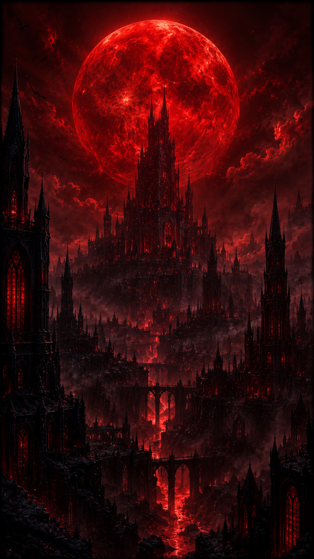 Red Moon over Gothic Skyline