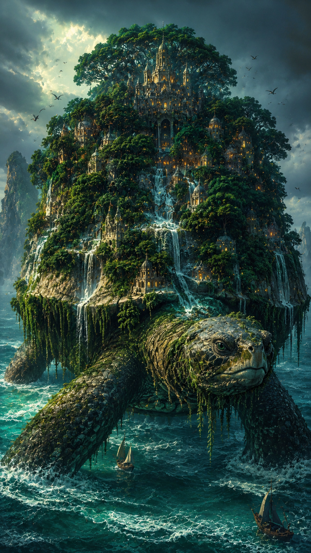 Ancient Turtle Island with Waterfalls