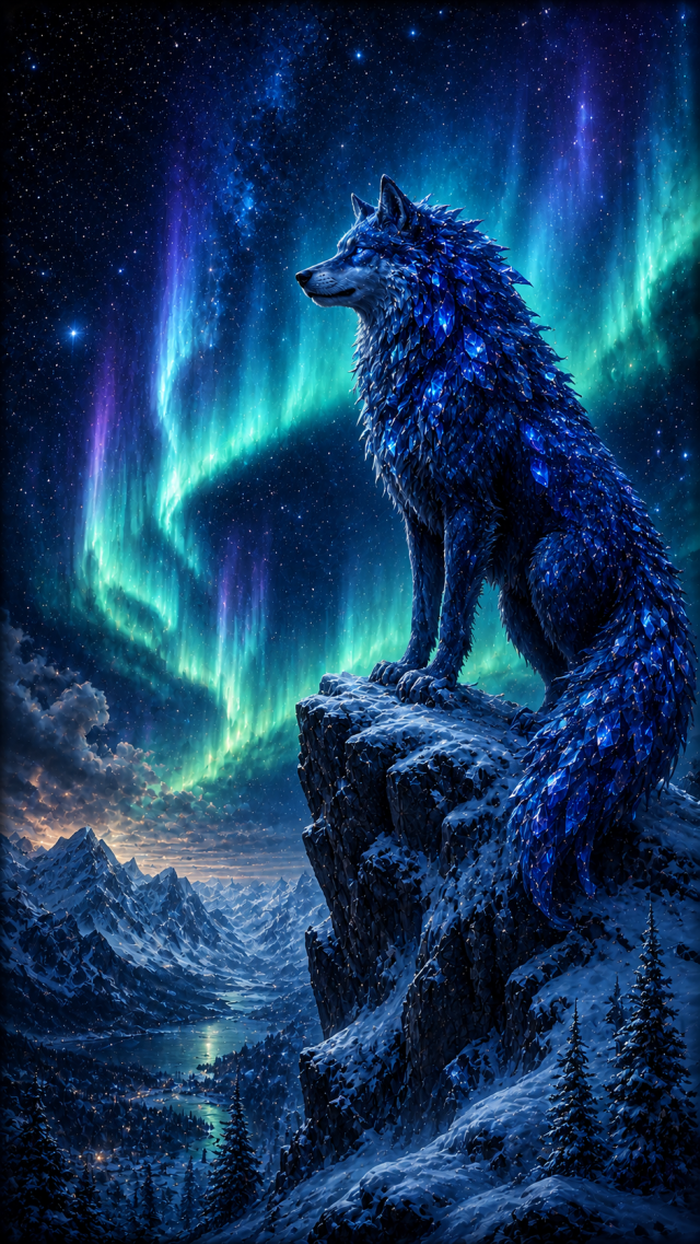 Blue Aurora Wolf On Snowy Peak