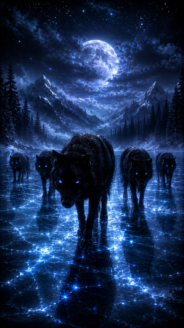 Blue Bison Spirits On Moonlit Ice