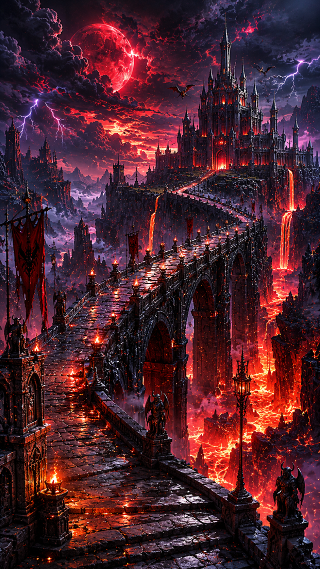 Red Lava Bridge and Moonlit Castle