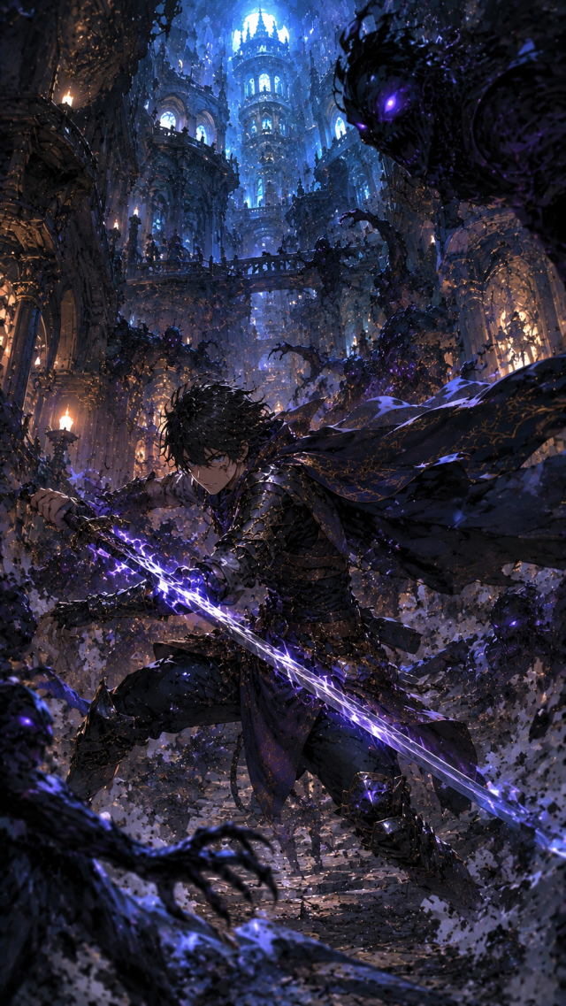 Dark Swordsman with Purple Blade in Ruined Forest