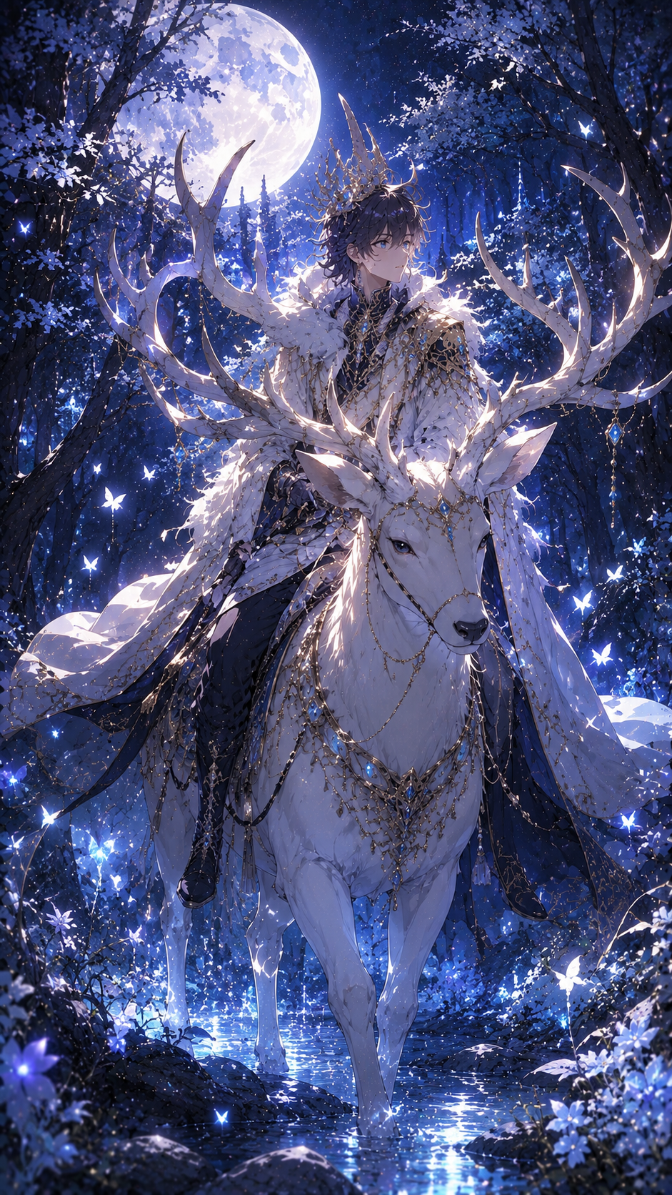 Boy Riding A White Deer under the Full Moon