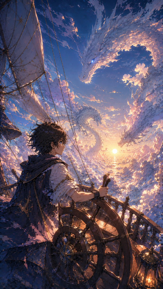 Boy Steering A Ship Beneath A Sky Dragon