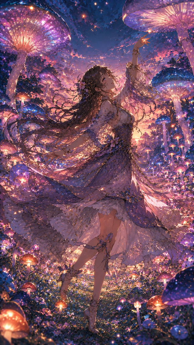 Girl in Glowing Mushroom Forest