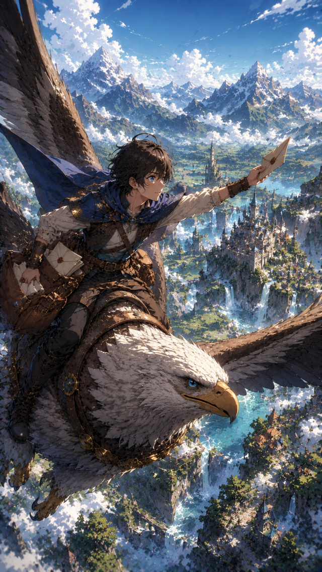 Boy Riding A White Eagle over Snowy Mountains