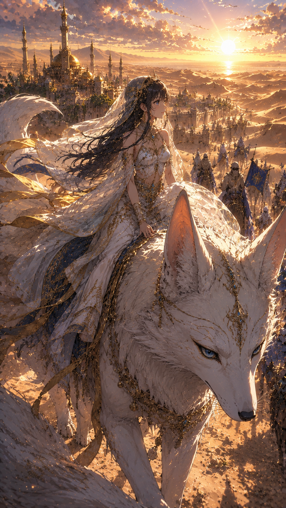 Girl Riding A White Fox over A Sunset Kingdom
